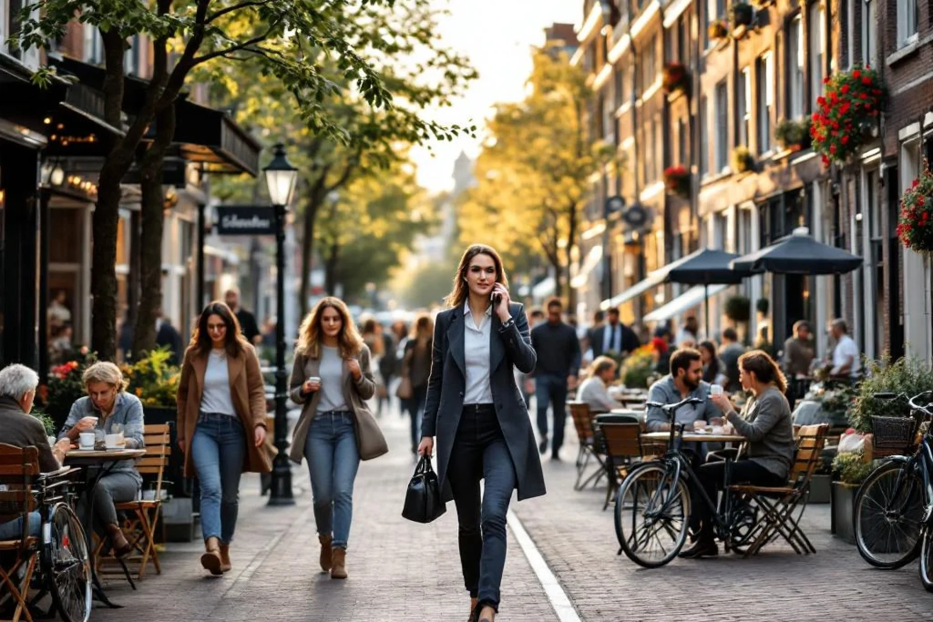 Professionele vrouw belt terwijl ze door drukke Amsterdamse gracht loopt met cafés, fietsers en historische gebouwen