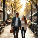 Jong stel wandelt hand in hand langs Nederlandse gracht met traditionele bakstenen huizen en fietsen op brug