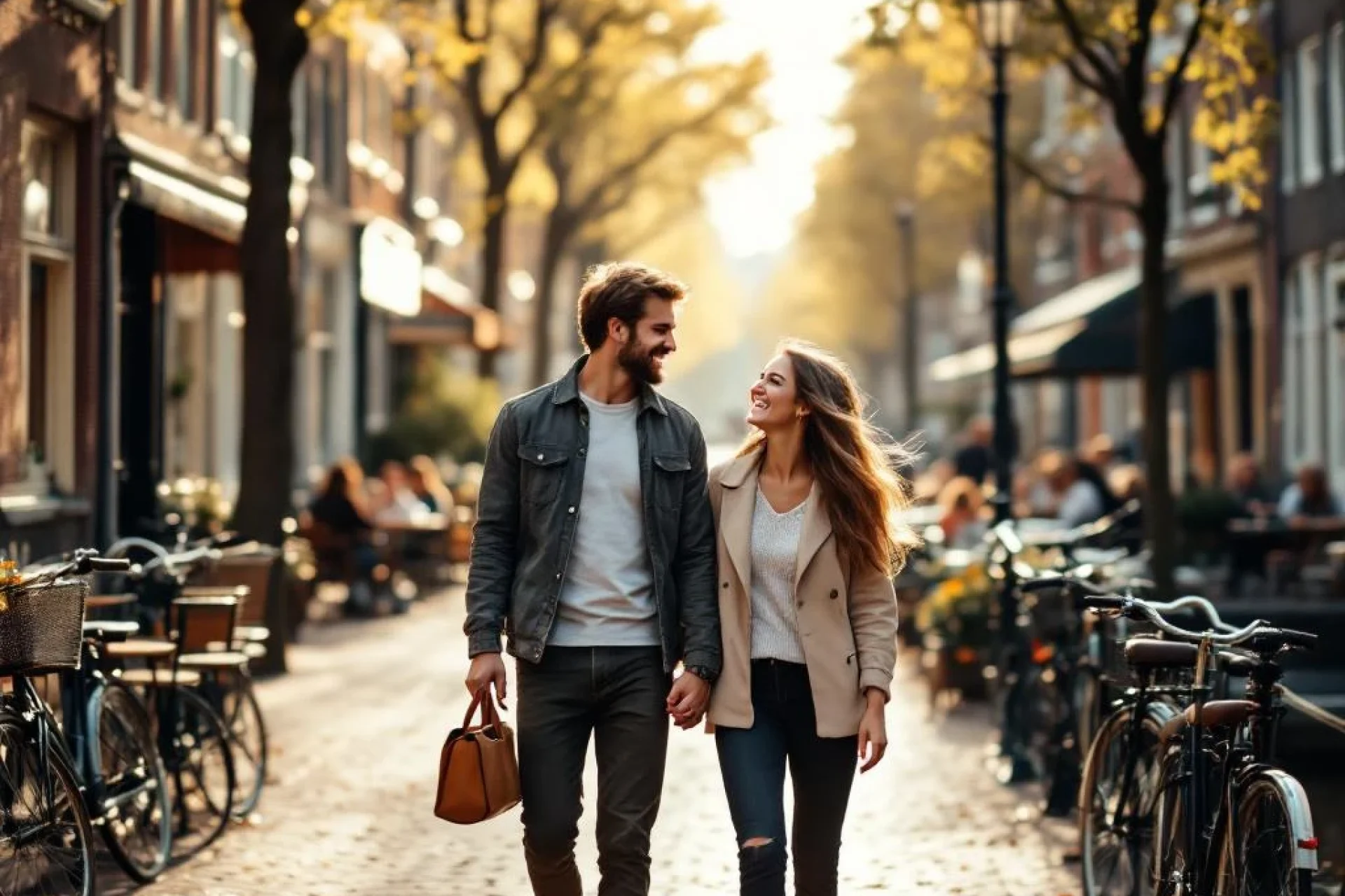 Jong stel wandelt hand in hand langs Nederlandse gracht met traditionele bakstenen huizen en fietsen op brug