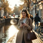 Jonge professionele vrouw loopt zelfverzekerd langs Amsterdamse gracht met traditionele bakstenen gebouwen en fietsen