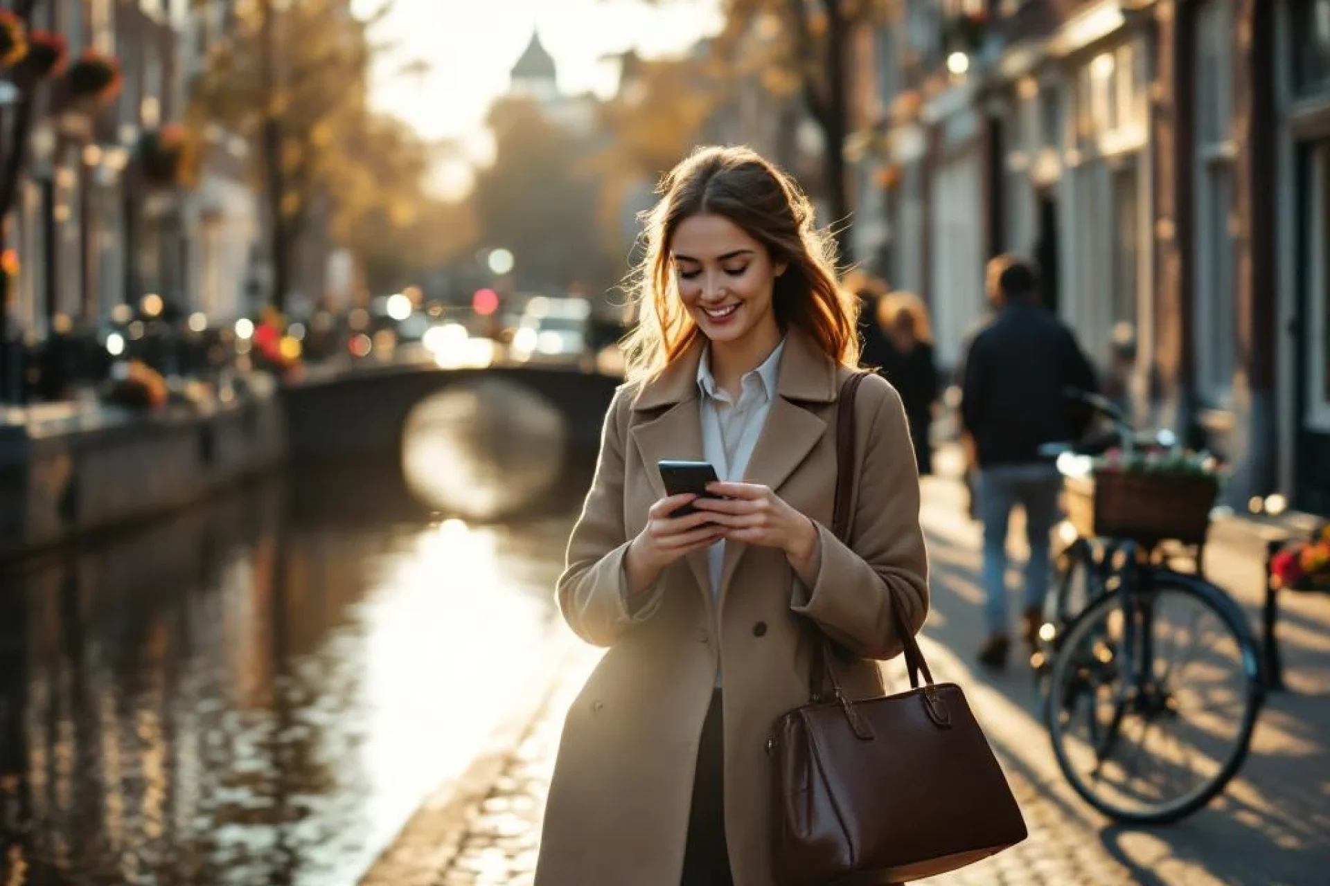 Jonge professionele vrouw loopt zelfverzekerd langs Amsterdamse gracht met traditionele bakstenen gebouwen en fietsen