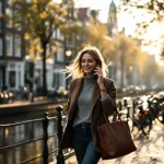 Professionele vrouw belt terwijl ze langs Amsterdamse gracht loopt, historische huizen en fietsen op achtergrond