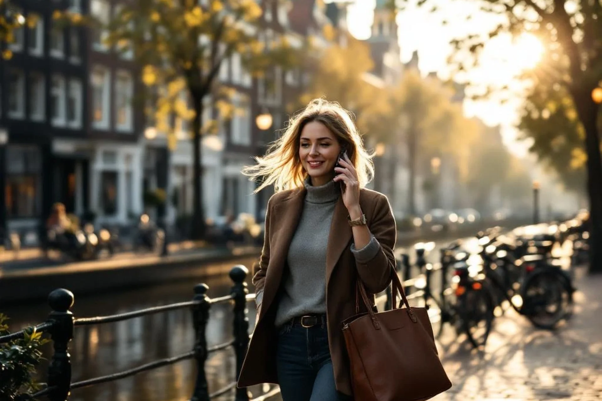 Professionele vrouw belt terwijl ze langs Amsterdamse gracht loopt, historische huizen en fietsen op achtergrond
