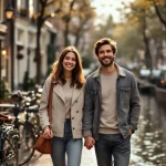 Jong stel wandelt hand in hand langs Amsterdamse gracht tussen historische bakstenen gebouwen en fietsen