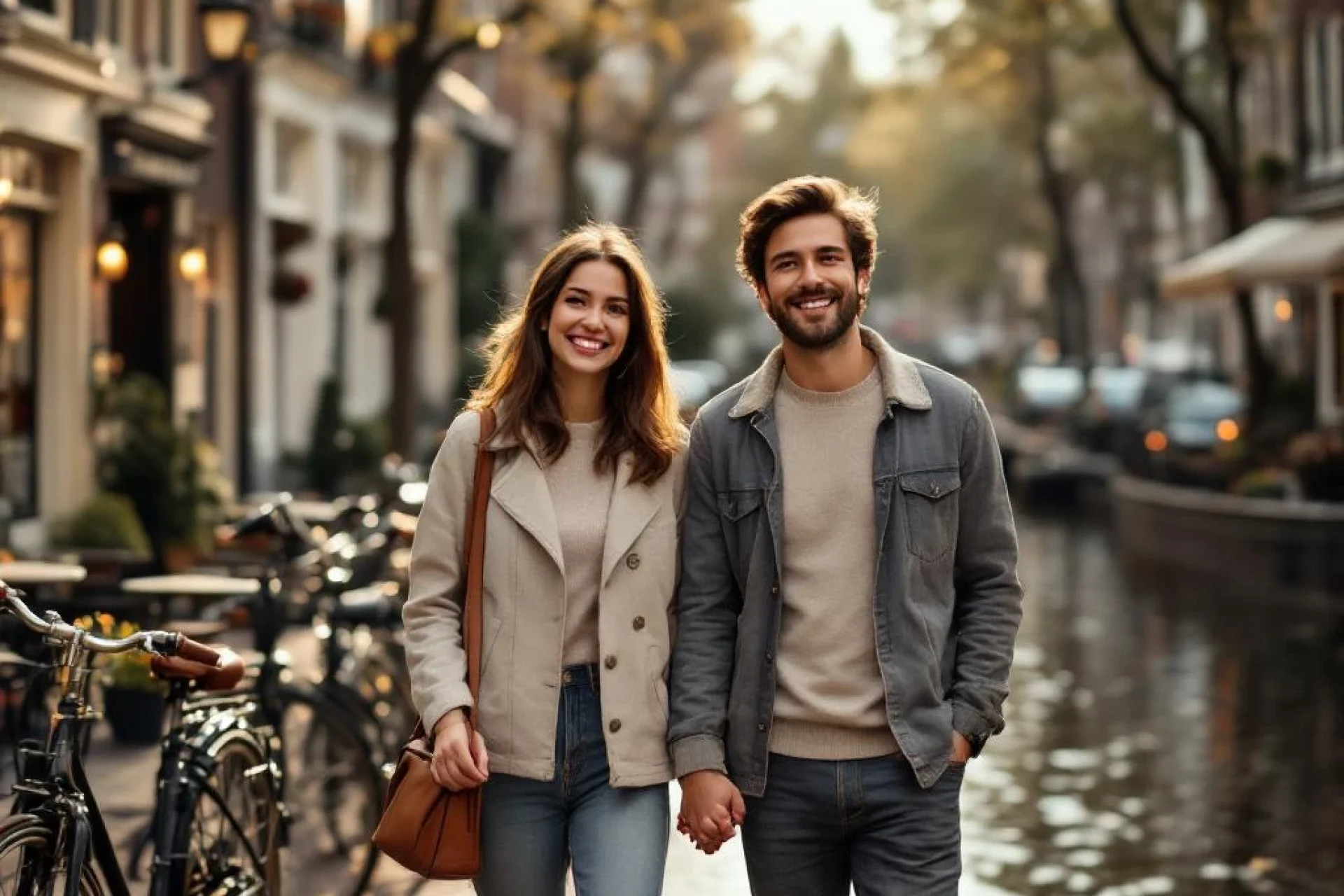 Jong stel wandelt hand in hand langs Amsterdamse gracht tussen historische bakstenen gebouwen en fietsen