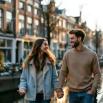 Jong stel wandelt hand in hand langs Amsterdamse gracht met traditionele grachtenpanden en geparkeerde fietsen