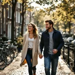 Jong Nederlands stel wandelt hand in hand langs Amsterdamse gracht met traditionele grachtenpanden en fietsen