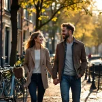 Jong professioneel stel wandelt hand in hand langs Amsterdamse gracht met traditionele huizen en fietsen op achtergrond.