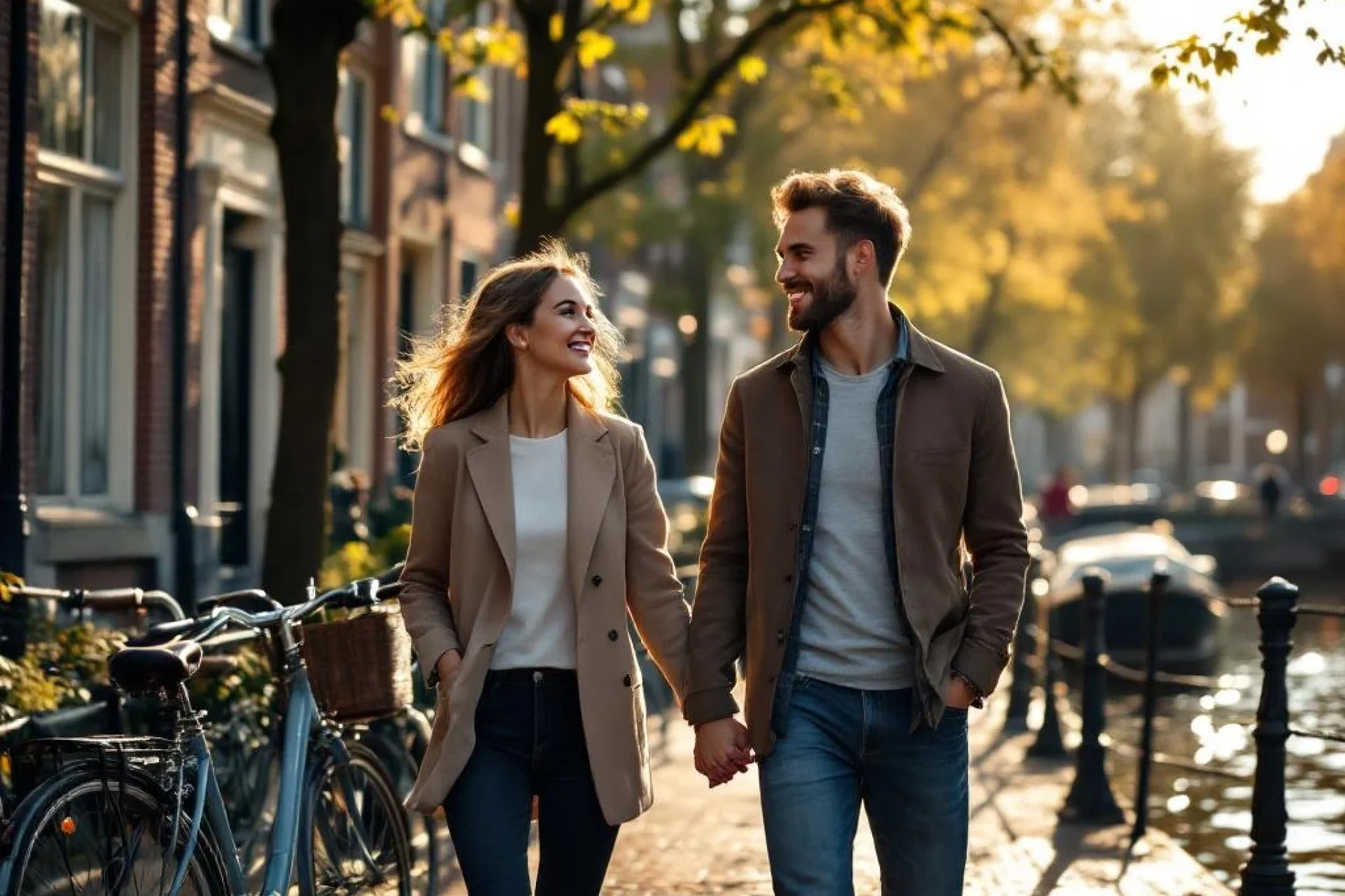 Jong professioneel stel wandelt hand in hand langs Amsterdamse gracht met traditionele huizen en fietsen op achtergrond.