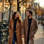 Jong professioneel stel wandelt hand in hand langs Amsterdamse gracht tussen traditionele Nederlandse gevels