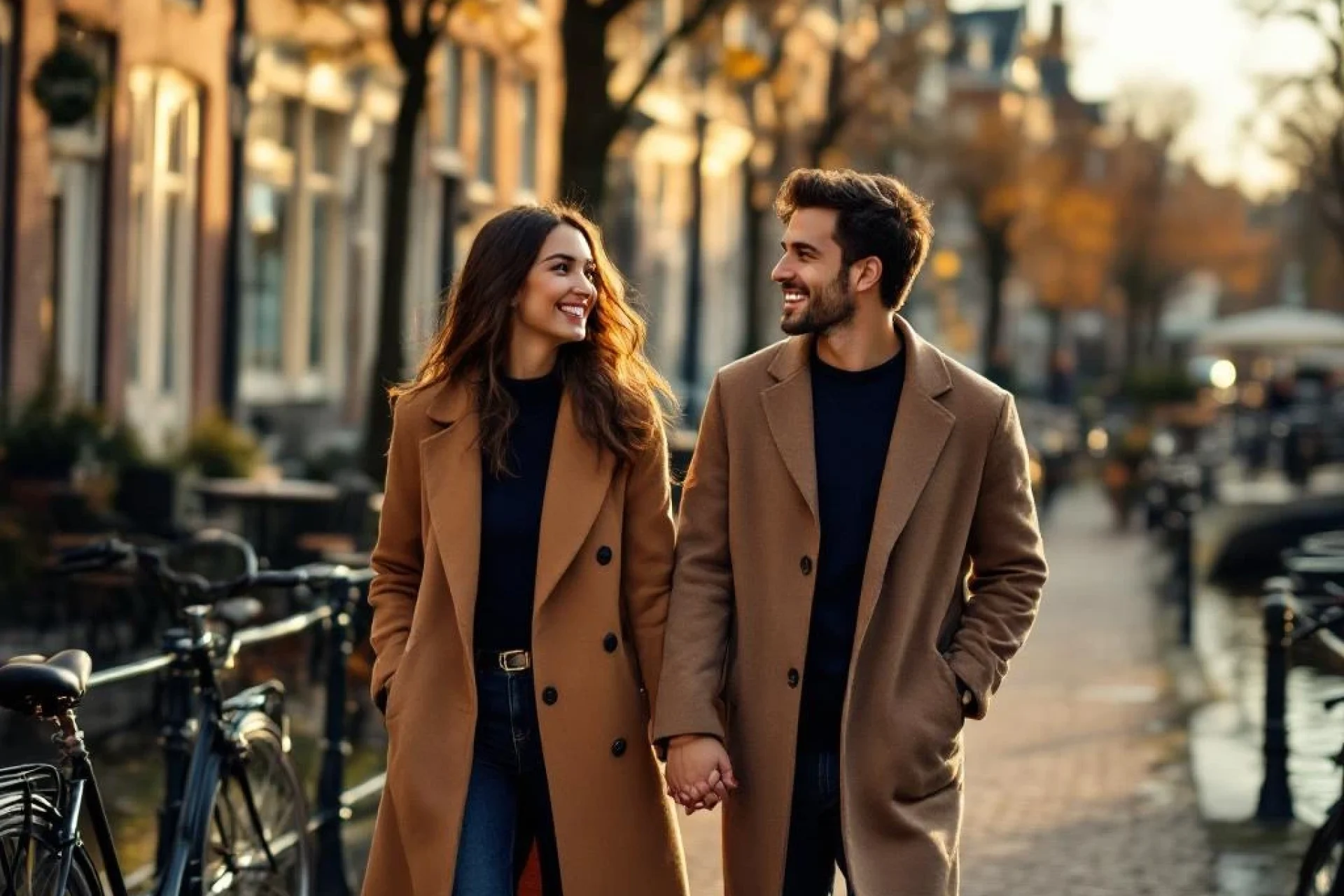 Jong professioneel stel wandelt hand in hand langs Amsterdamse gracht tussen traditionele Nederlandse gevels