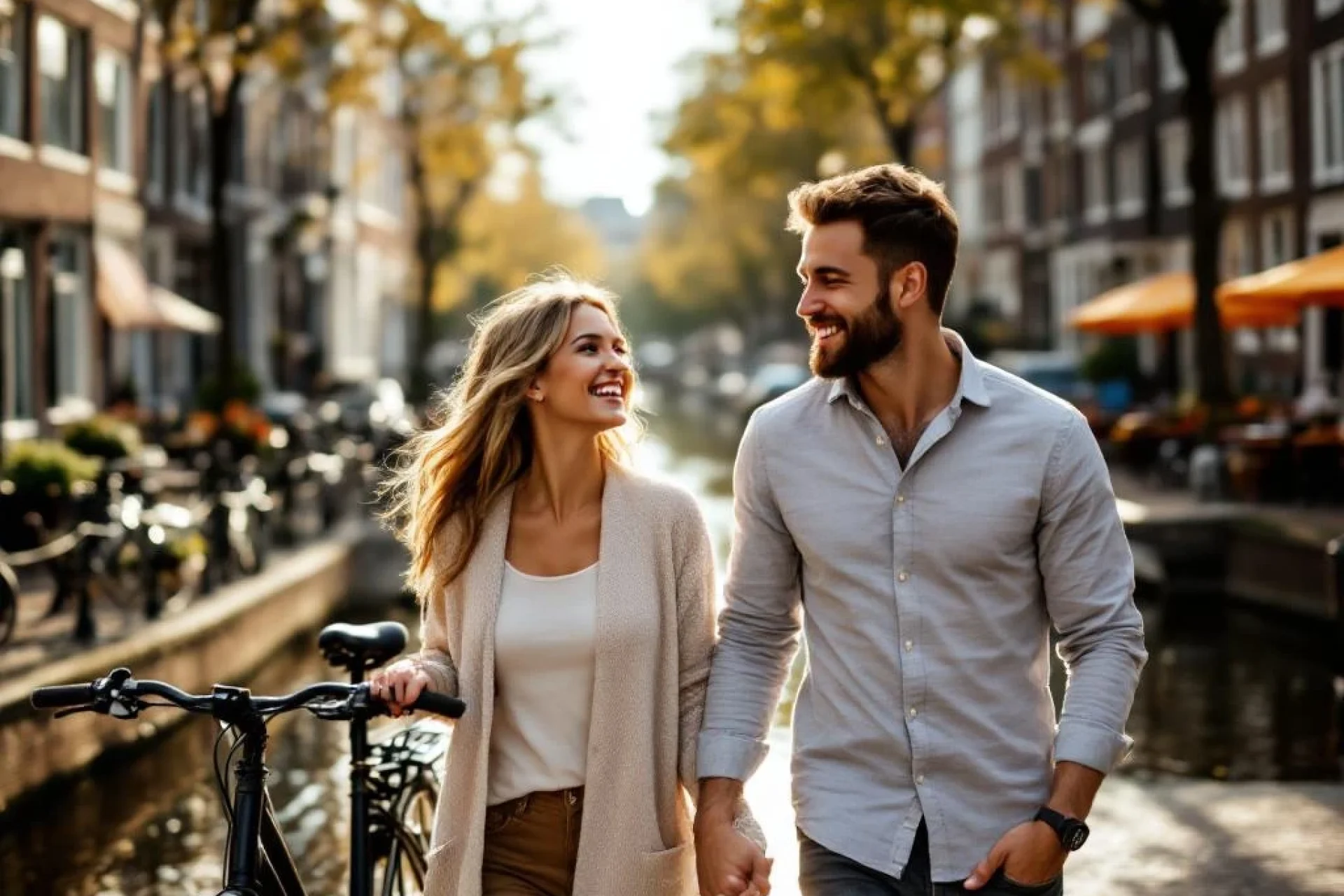 Jong stel wandelt hand in hand langs Amsterdamse gracht met traditionele grachtenpanden en geparkeerde fietsen