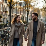 Gelukkig stel wandelt hand in hand langs Amsterdamse gracht met historische grachtenpanden en fietsen