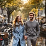 Gelukkig stel wandelt hand in hand langs Amsterdam gracht tussen traditionele Nederlandse bakstenen gebouwen