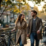 Jong professioneel koppel wandelt hand in hand langs Amsterdam gracht met traditionele grachtenpanden en fietsen