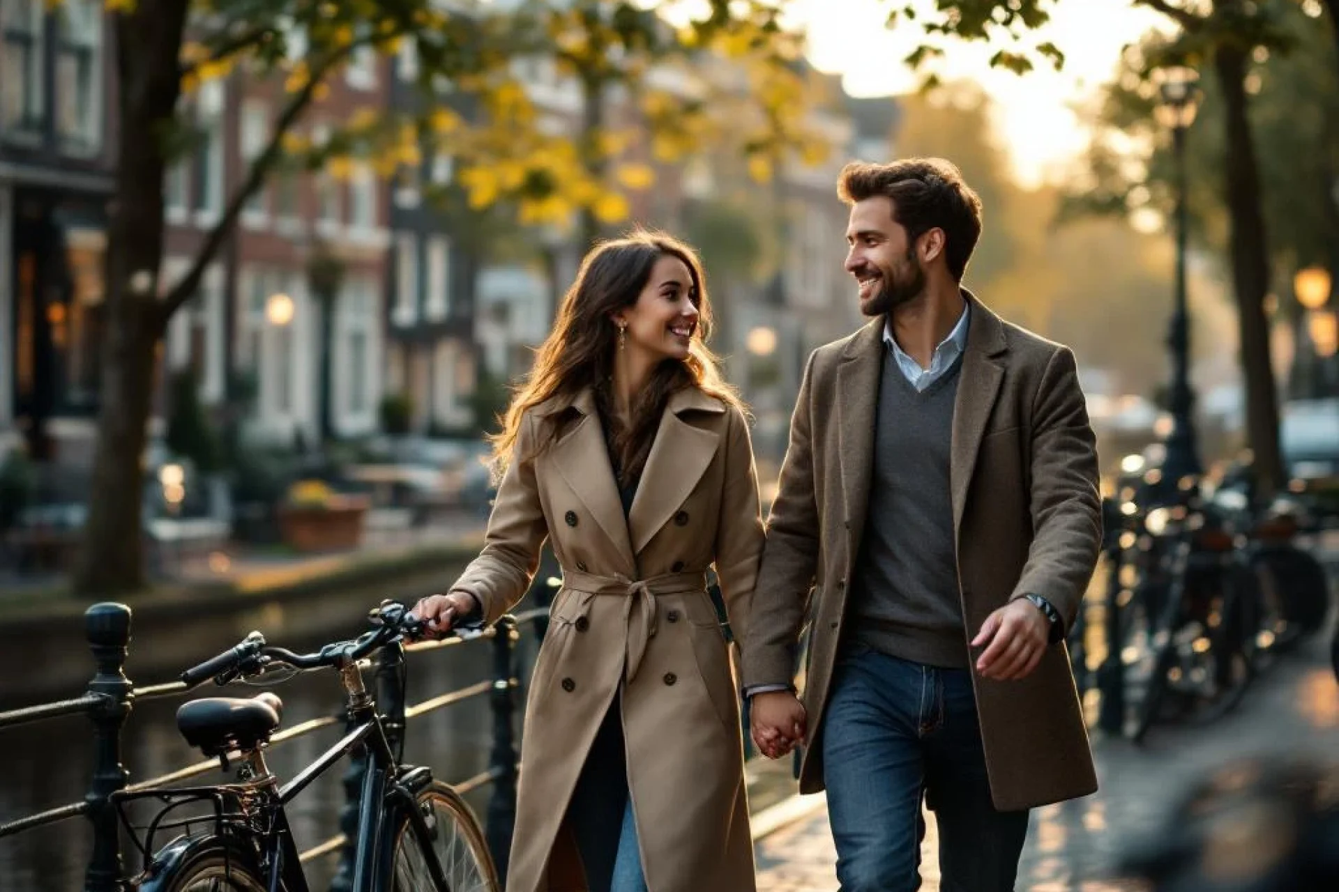 Jong professioneel koppel wandelt hand in hand langs Amsterdam gracht met traditionele grachtenpanden en fietsen