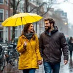 Jong stel wandelt hand in hand langs Amsterdamse gracht in regen, vrouw met gele paraplu, glimlachend naar iets in verte