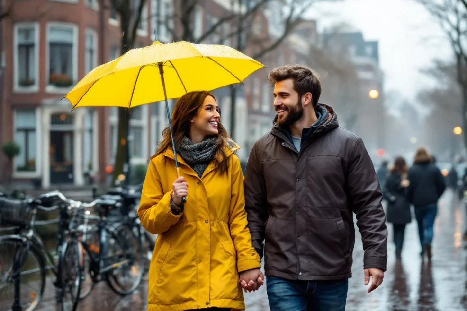 Jong stel wandelt hand in hand langs Amsterdamse gracht in regen, vrouw met gele paraplu, glimlachend naar iets in verte