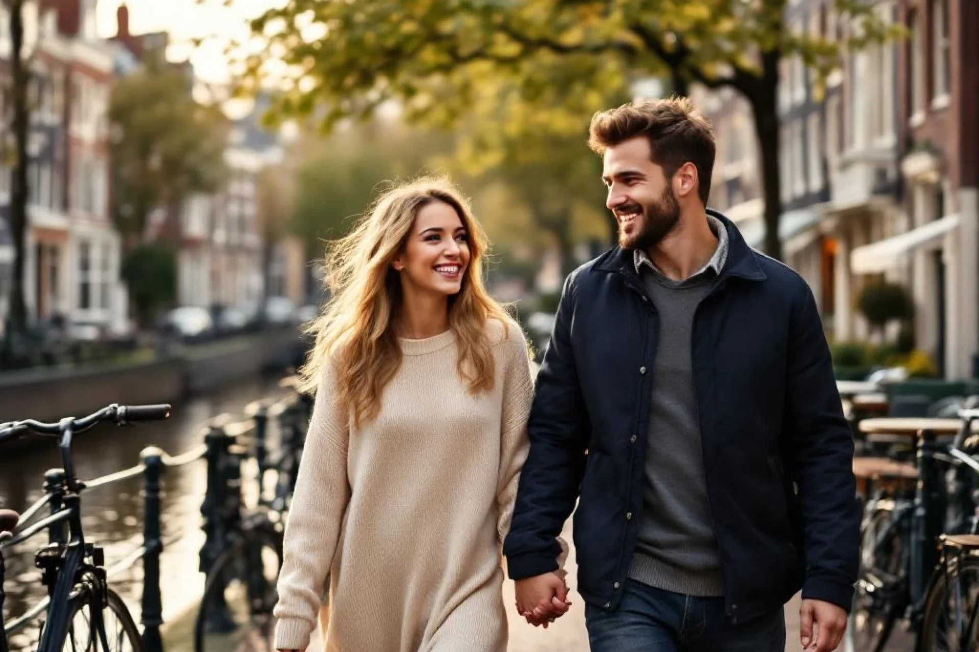 Jong stel wandelt hand in hand langs Amsterdamse gracht met klassieke grachtenpanden en fietsen