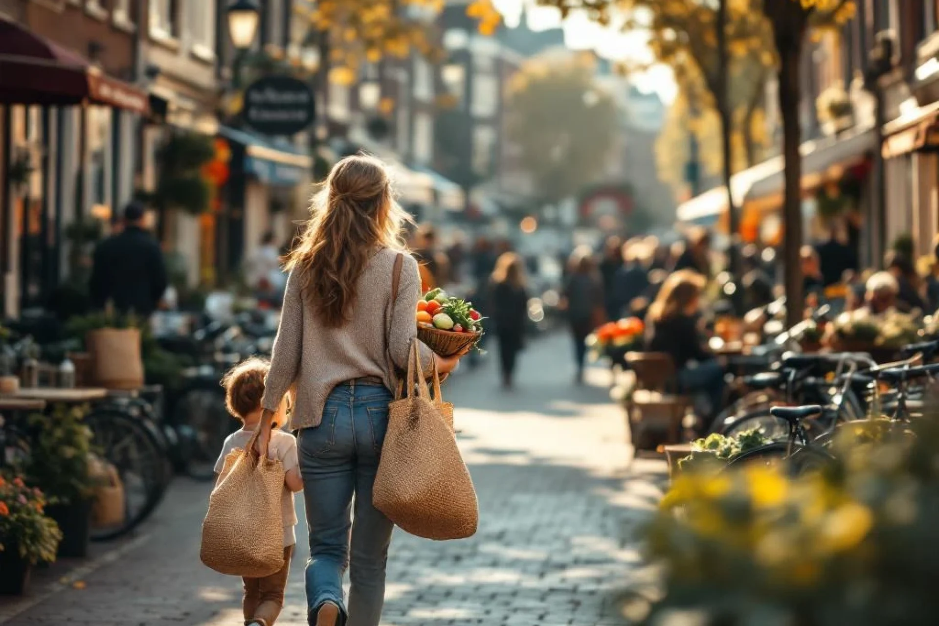 Moeder en kind lopen met boodschappentassen door Amsterdamse markt tussen traditionele grachtenpanden en fietsen