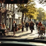 Amsterdam straat met voetgangers en fietsers langs grachten, gezien vanuit auto perspectief op gouden middag