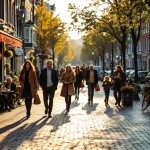 Diverse groep mensen op drukke Amsterdamse straat met cafés, fietsen en grachtenhuizen tijdens gouden uur