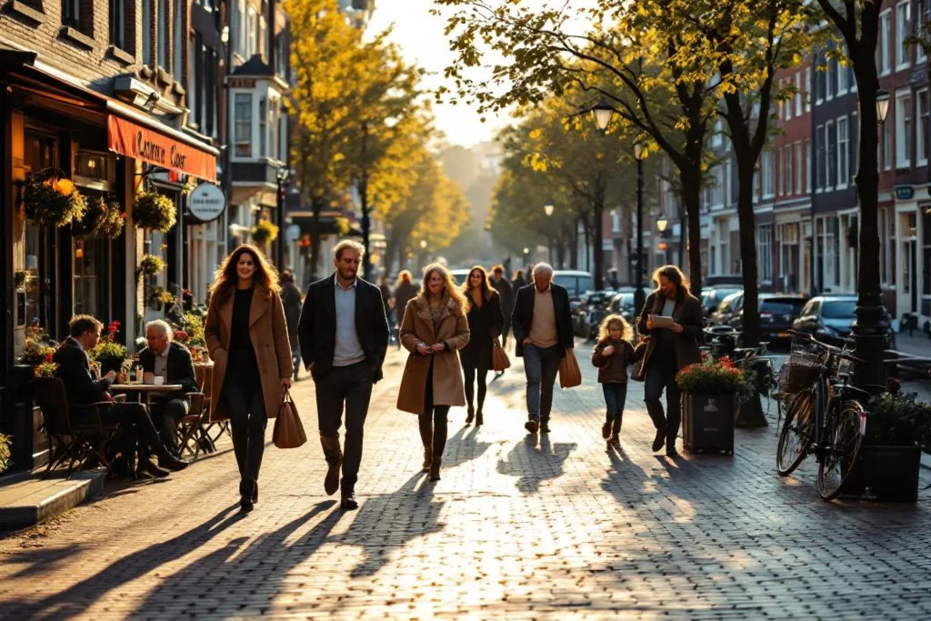 Diverse groep mensen op drukke Amsterdamse straat met cafés, fietsen en grachtenhuizen tijdens gouden uur