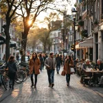 Diverse mensen wandelen en ontspannen langs Amsterdamse gracht met traditionele Nederlandse gebouwen en fietsen