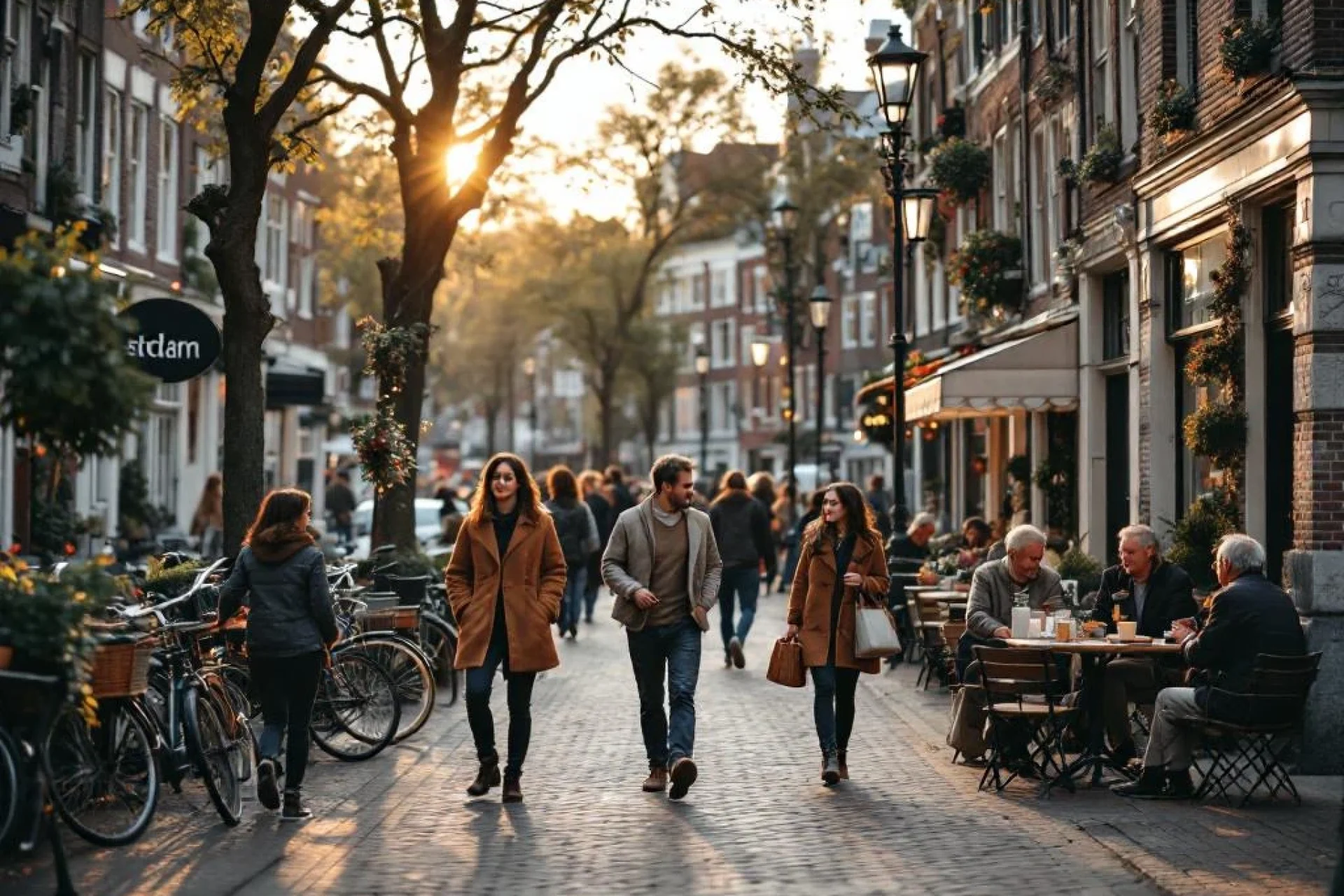 Diverse mensen wandelen en ontspannen langs Amsterdamse gracht met traditionele Nederlandse gebouwen en fietsen