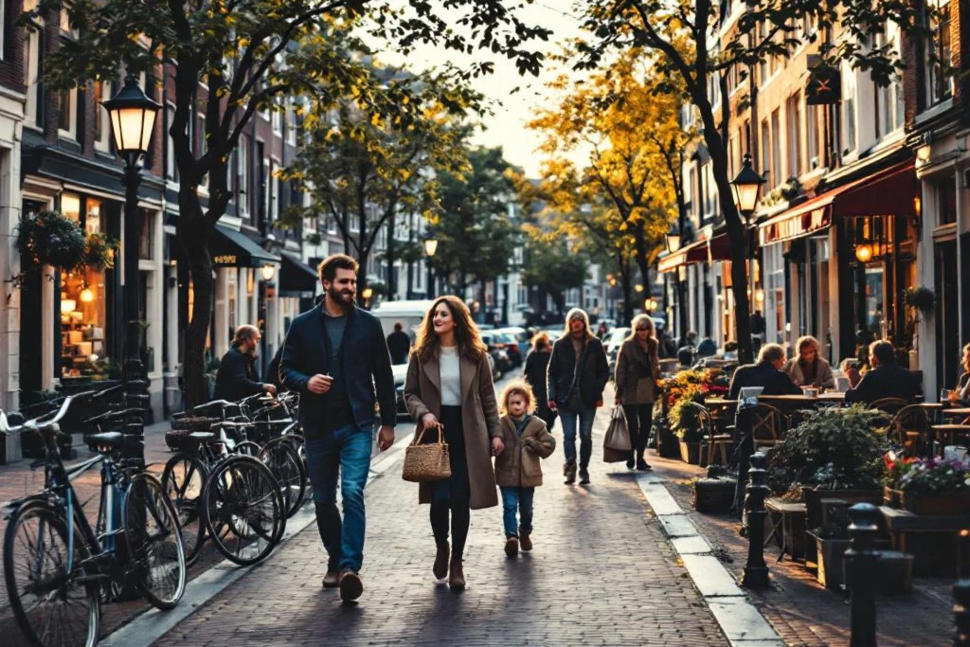 Drukke Amsterdamse straat met mensen die wandelen langs grachten, traditionele bakstenen gebouwen en geparkeerde fietsen