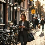 Professionele vrouw navigeert tussen fietsen op Amsterdamse straat met traditionele bakstenen gebouwen en gracht