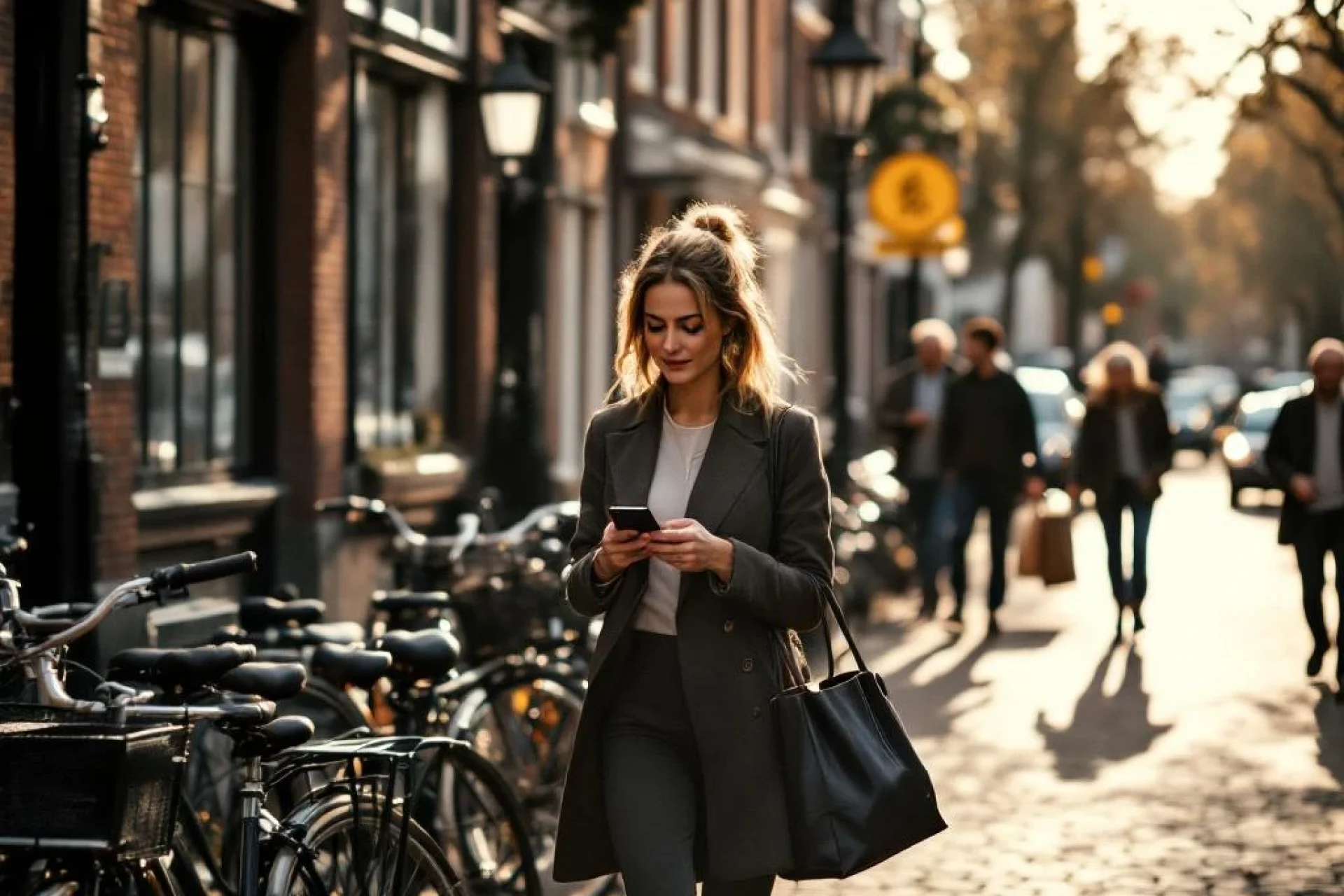 Professionele vrouw navigeert tussen fietsen op Amsterdamse straat met traditionele bakstenen gebouwen en gracht