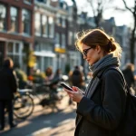 Professionele vrouw controleert smartphone op drukke Amsterdamse straat met traditionele rode bakstenen gebouwen en fietsen.