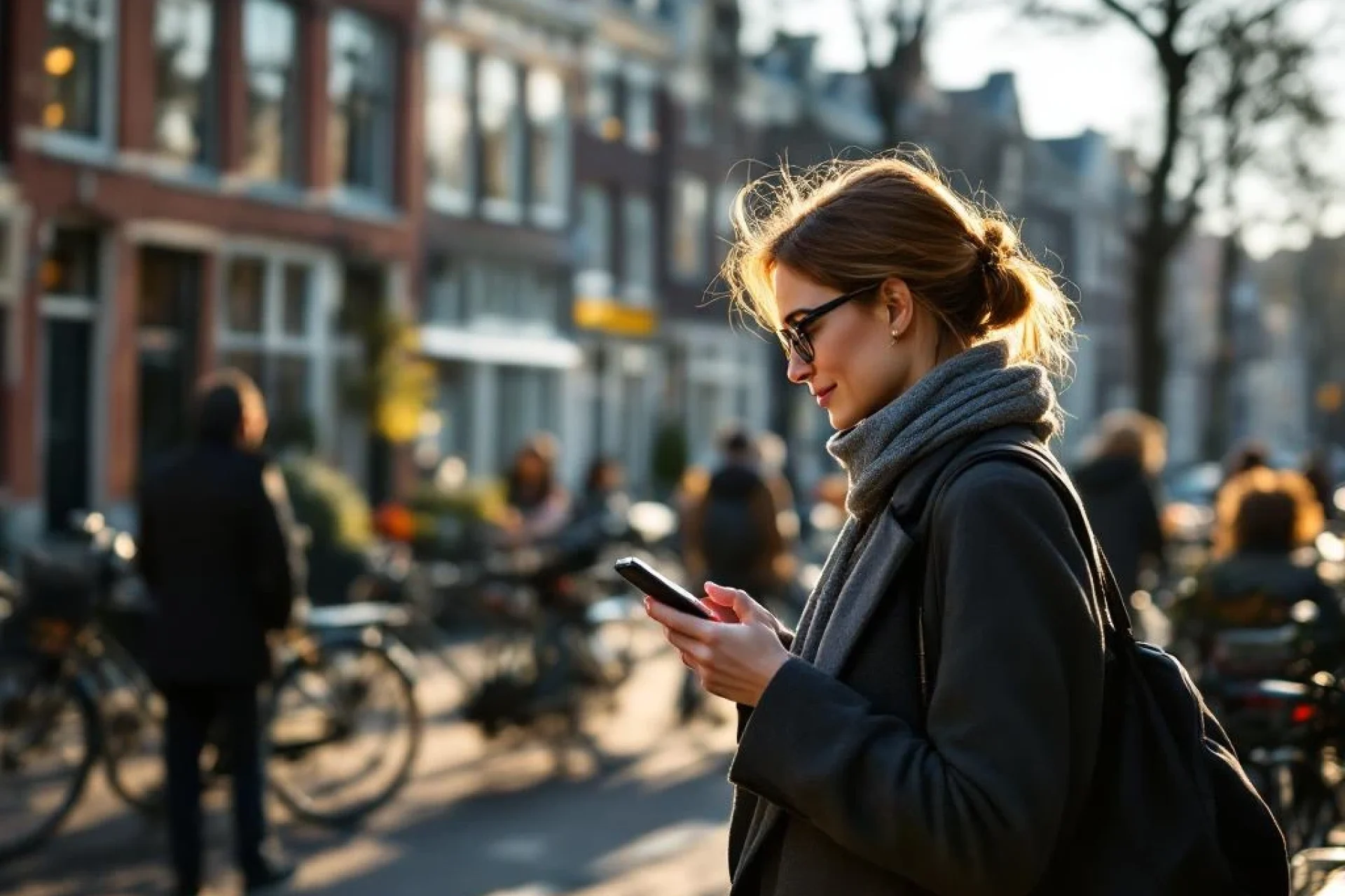 Professionele vrouw controleert smartphone op drukke Amsterdamse straat met traditionele rode bakstenen gebouwen en fietsen.