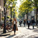 Professionele vrouw belt lopend door drukke Amsterdamse straat met traditionele bakstenen gebouwen en fietsen.