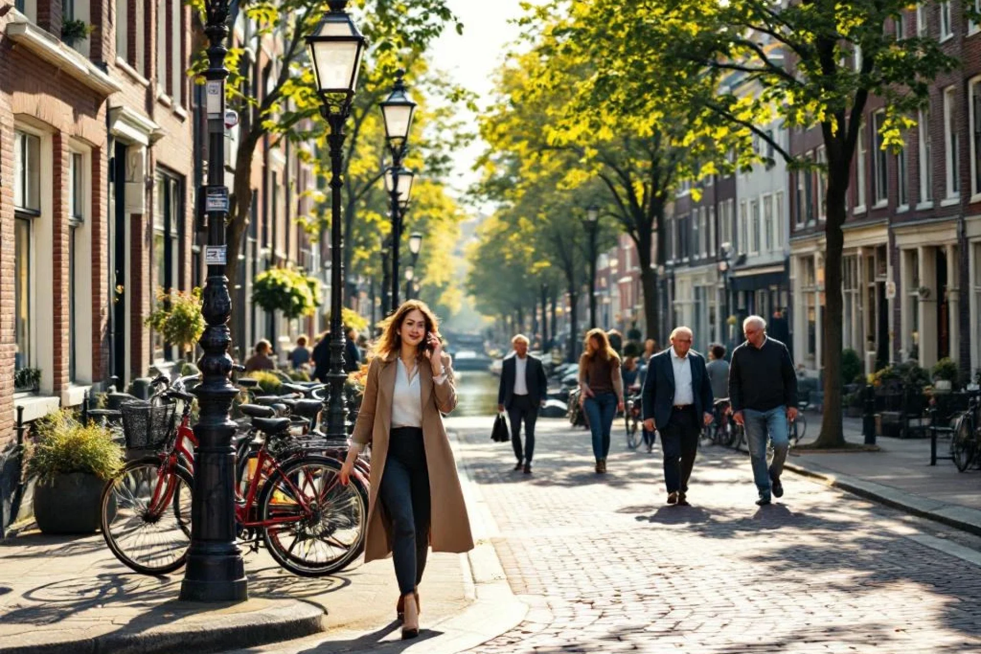 Professionele vrouw belt lopend door drukke Amsterdamse straat met traditionele bakstenen gebouwen en fietsen.