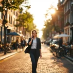 Professionele vrouw belt terwijl ze door Amsterdamse straat met grachten en fietsen loopt bij gouden uurtje