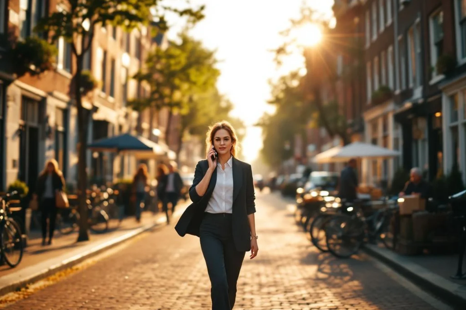 Professionele vrouw belt terwijl ze door Amsterdamse straat met grachten en fietsen loopt bij gouden uurtje