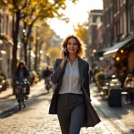 Professionele vrouw belt lopend op drukke Amsterdamse straat met fietsers, cafés en markt in gouden middaglicht