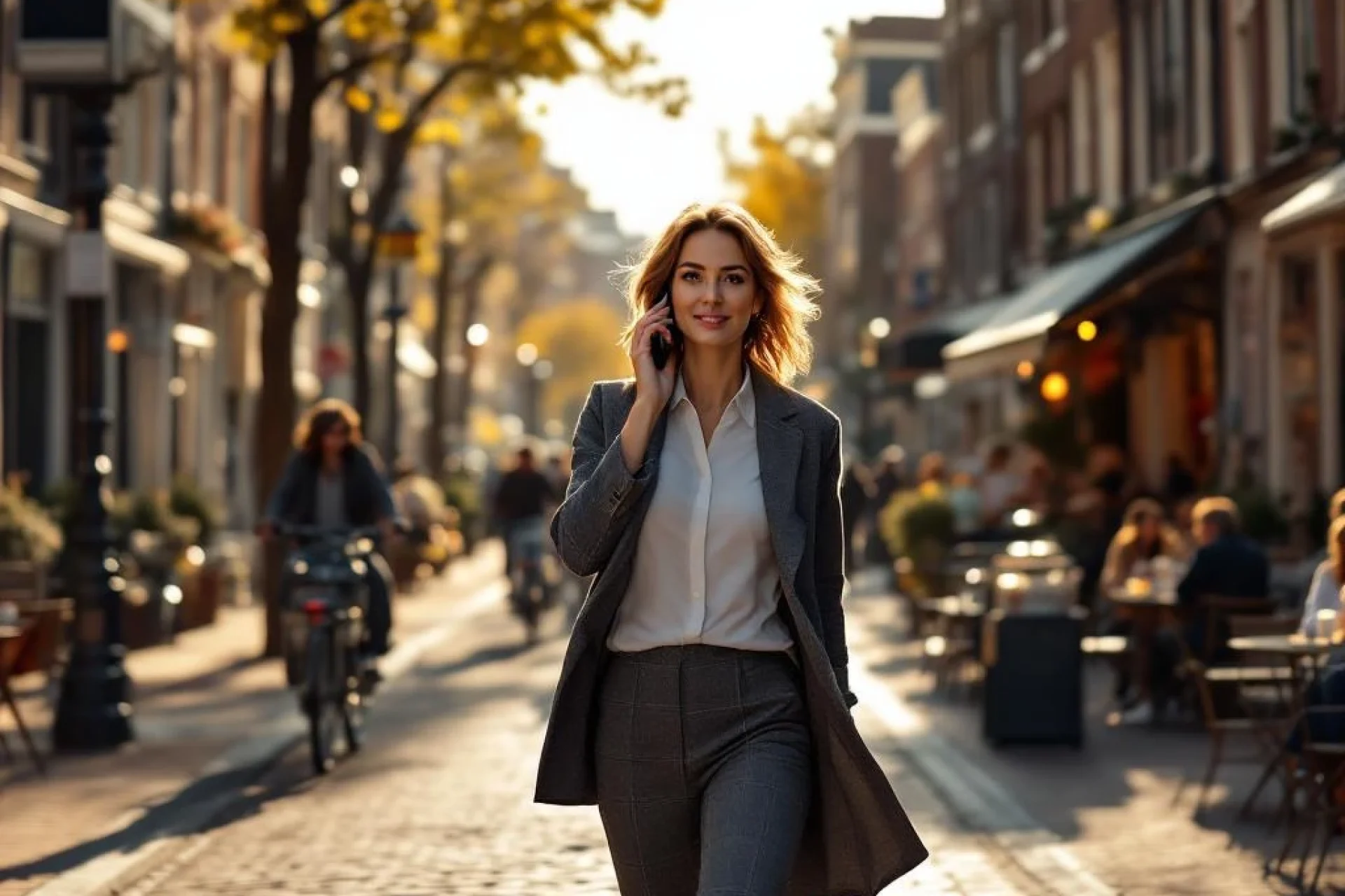 Professionele vrouw belt lopend op drukke Amsterdamse straat met fietsers, cafés en markt in gouden middaglicht