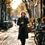 Professionele vrouw loopt bellend door smalle Amsterdamse gracht met historische huizen en geparkeerde fietsen