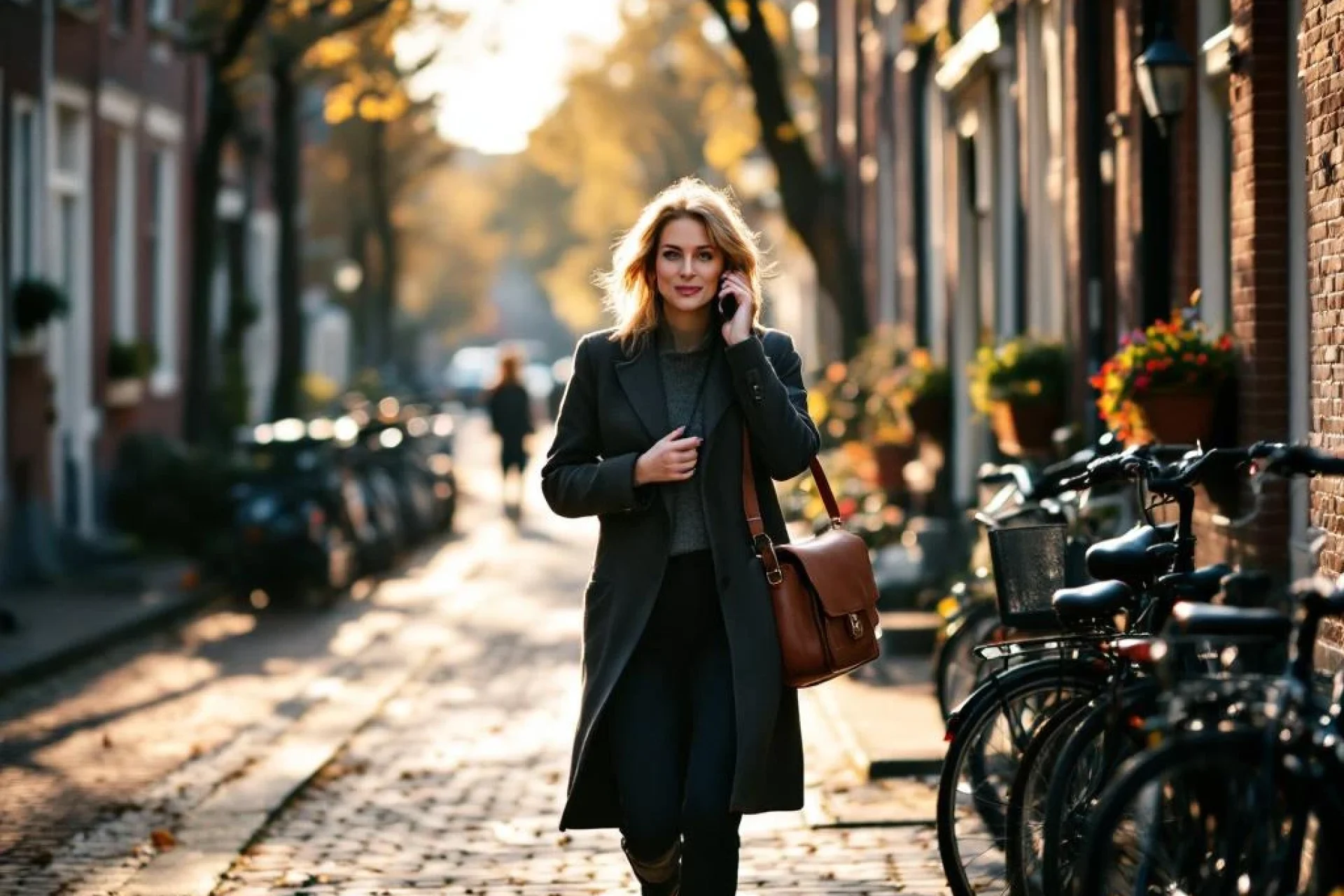 Professionele vrouw loopt bellend door smalle Amsterdamse gracht met historische huizen en geparkeerde fietsen