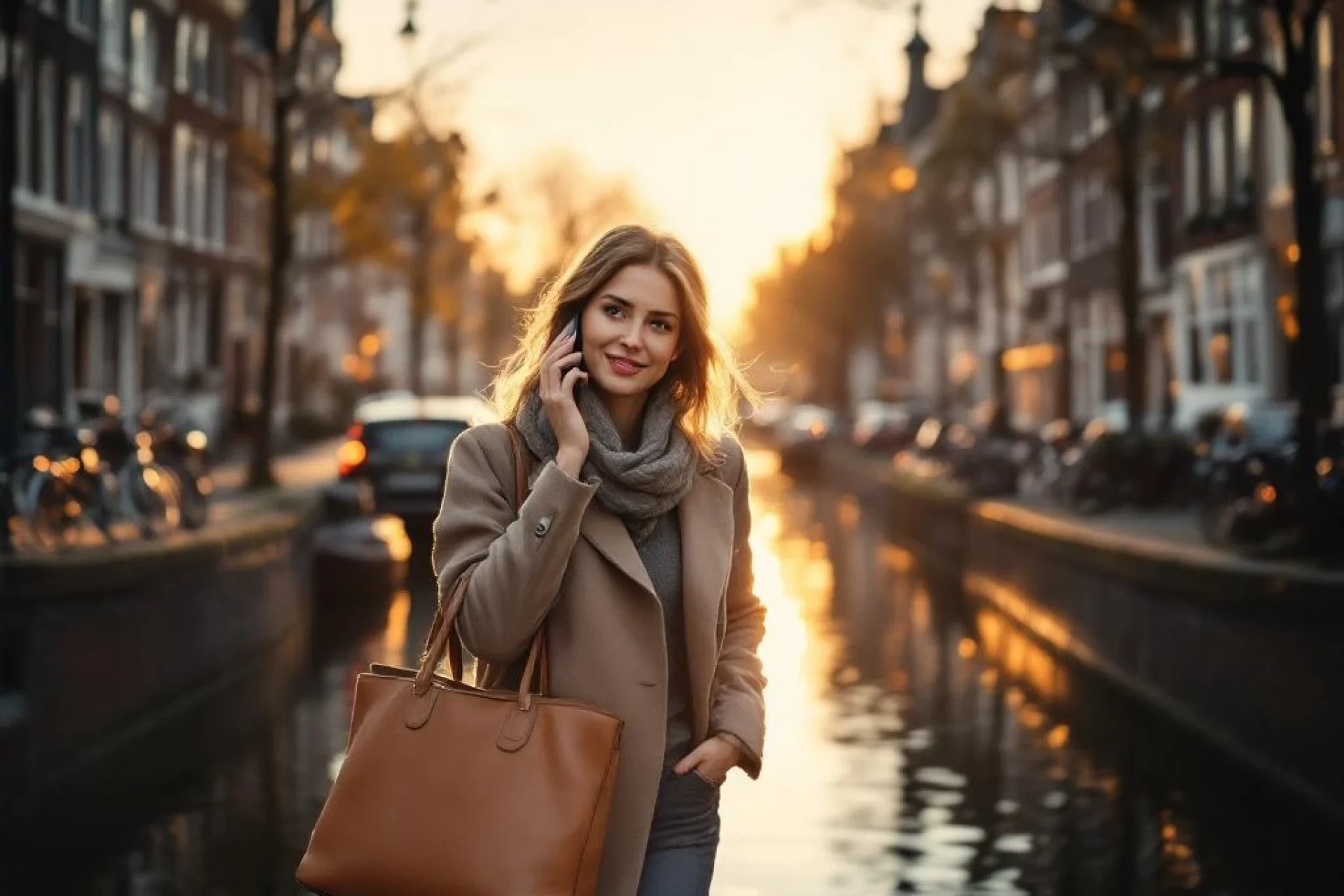 Professionele vrouw belt tijdens wandeling langs Amsterdamse gracht met traditionele bakstenen huizen en fietsen
