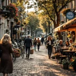 Drukke Nederlandse gracht met diverse mensen wandelend, fietsen langs ijzeren hekken en traditionele bakstenen gebouwen