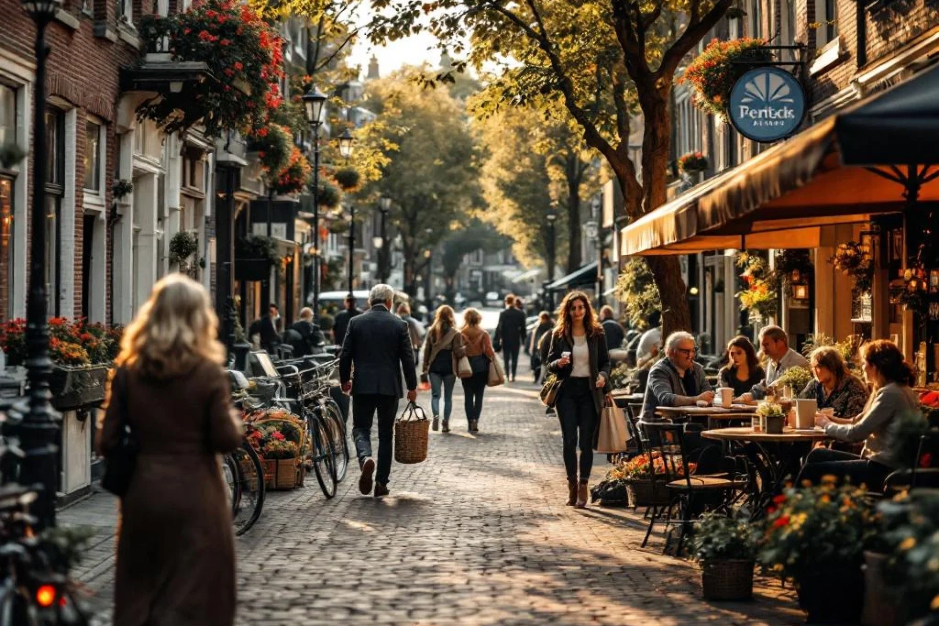 Drukke Nederlandse gracht met diverse mensen wandelend, fietsen langs ijzeren hekken en traditionele bakstenen gebouwen