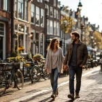 Jong stel wandelt hand in hand langs Nederlandse gracht met traditionele rode bakstenen huizen en geparkeerde fietsen