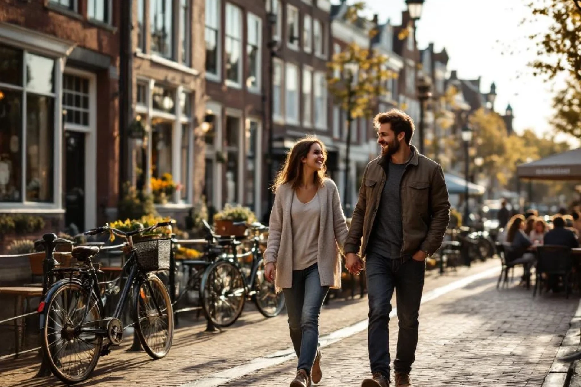Jong stel wandelt hand in hand langs Nederlandse gracht met traditionele rode bakstenen huizen en geparkeerde fietsen
