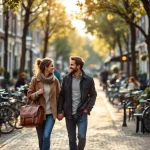 Jong stel wandelt hand in hand langs Nederlandse gracht met historische huizen en geparkeerde fietsen