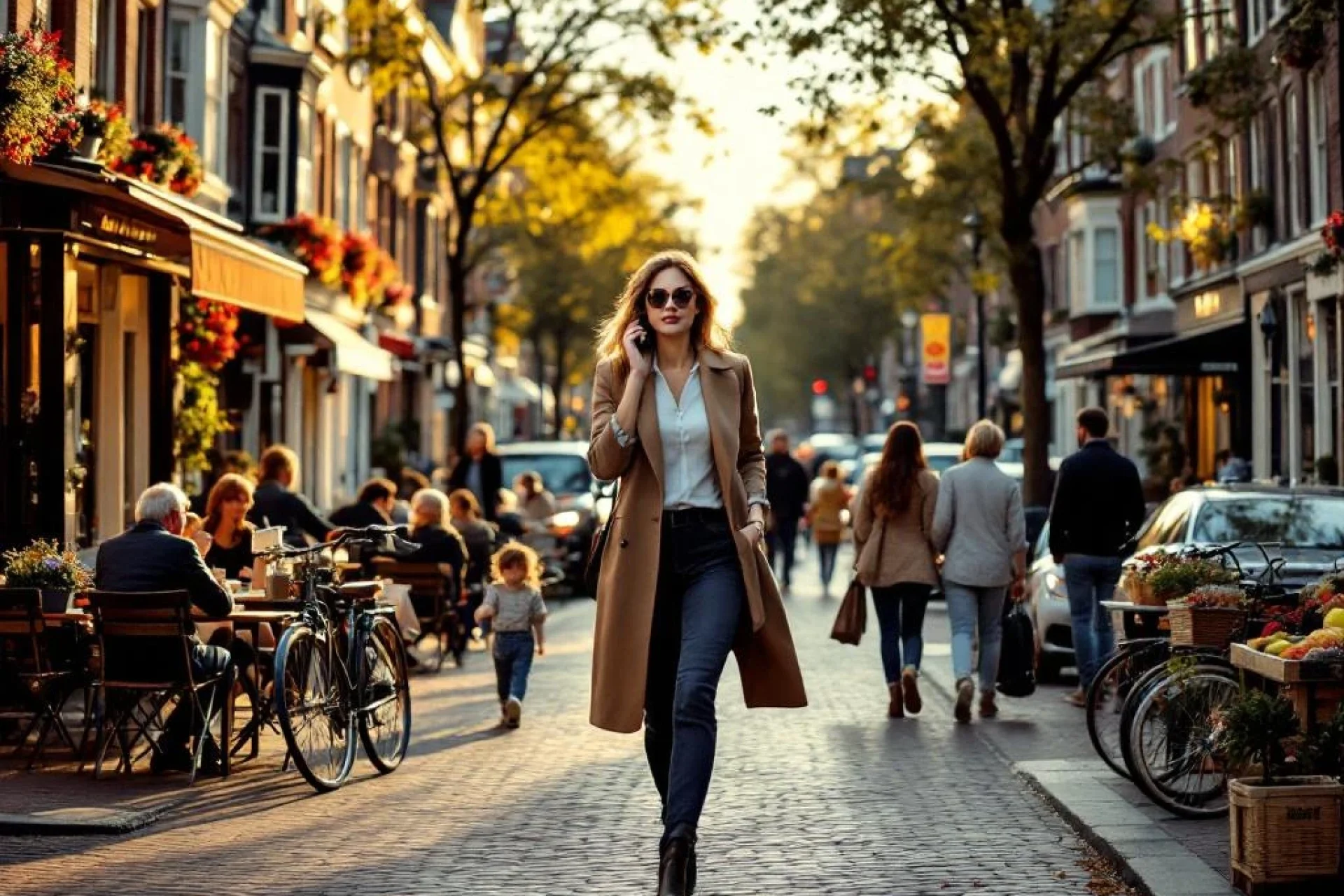 Professionele vrouw belt tijdens het lopen op een drukke Nederlandse gracht met cafés, fietsen en historische gebouwen