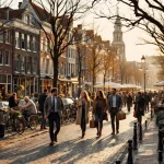 Drukke Nederlandse gracht met mensen wandelend, fietsen geparkeerd en historische bakstenen gebouwen langs het water